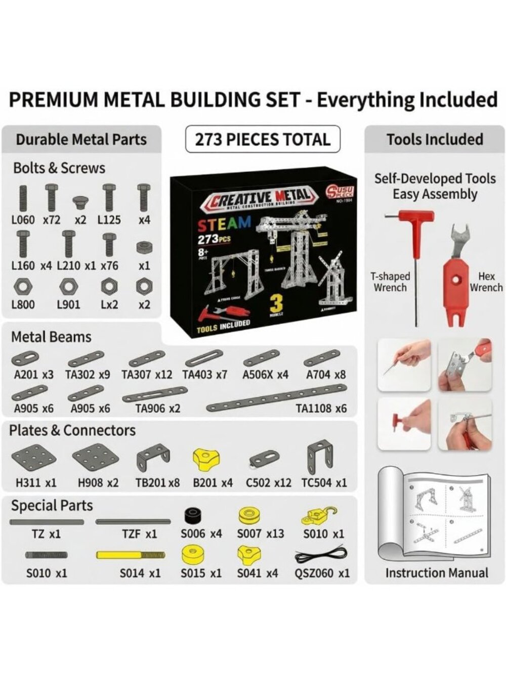 273pcs Metal Building Toy Set - 3-in-1 Tower Crane, Windmill & Erector Kit for - Picture 8 of 9